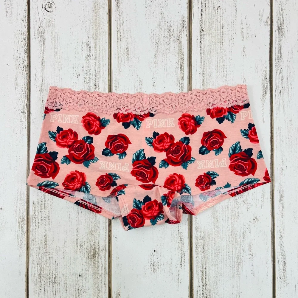 VS PINK Logo Boyshort Pantie Medium Red Roses Rare Print - Picture 4 of 6